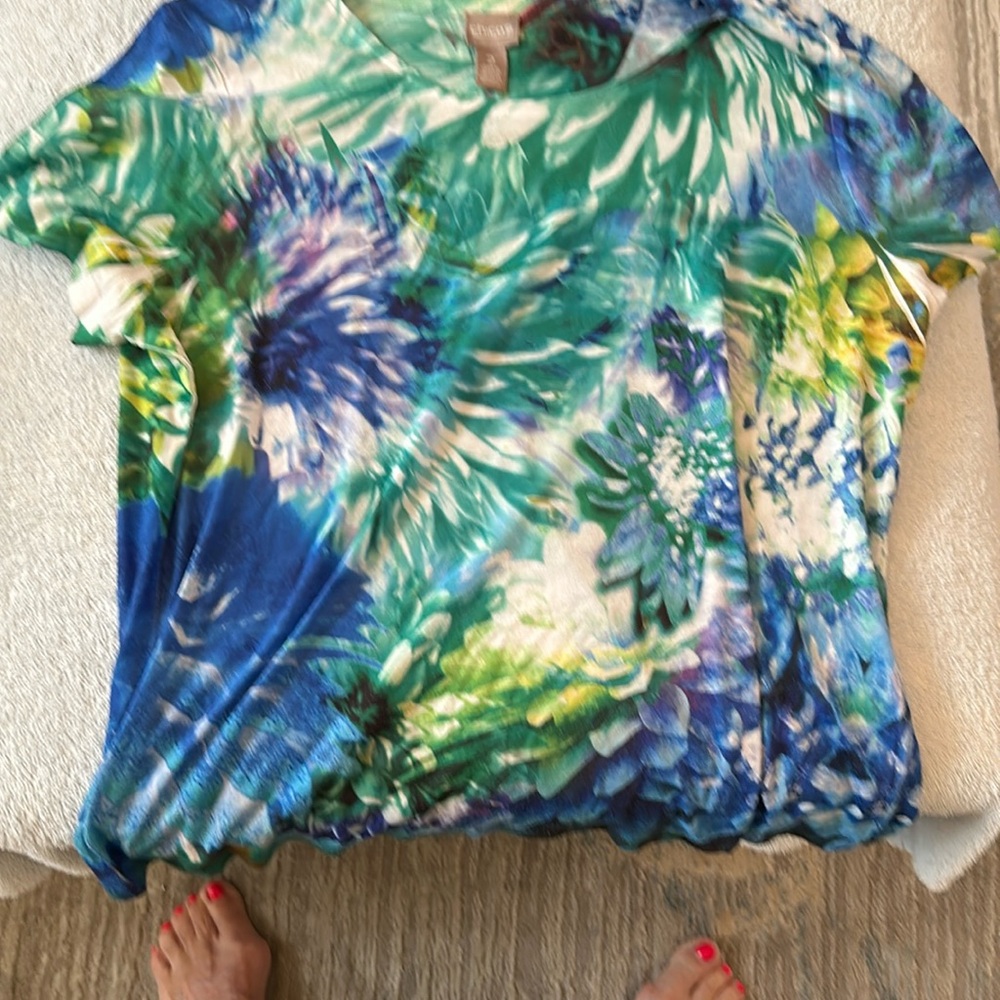 Beautiful multi color Chico’s top.  size 2 (12).  Blue/ green/white.
